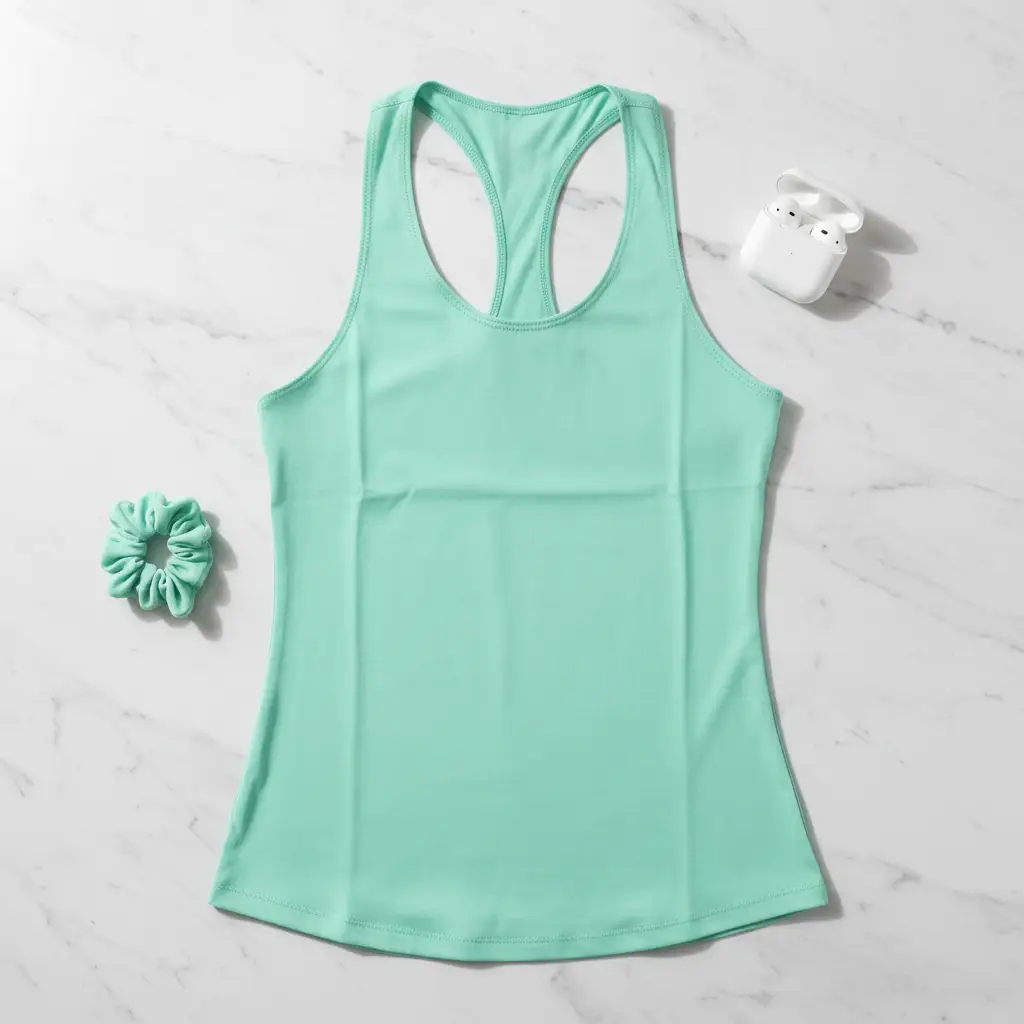 Women's sleeveless yoga tank top, mint green, activewear; includes scrunchie and AirPods case.