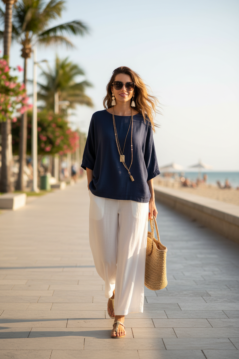 Bohemian style loose women's vacation outfit set: navy top and white wide-leg pants with straw bag
