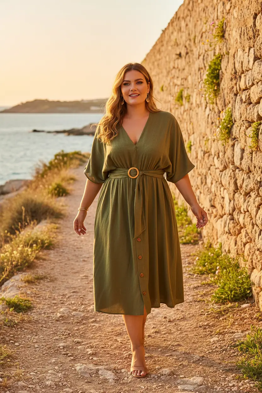 Women's plus-size V-neck batwing sleeve midi dress in olive green with belted waist and front buttons