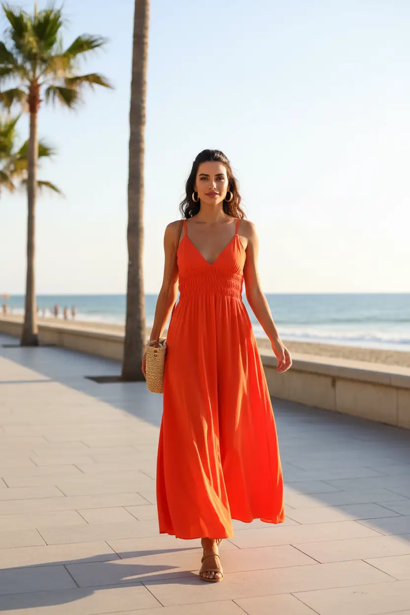 Women's Verona Sleeveless Belted Long Dress, orange, sustainable fabric, on a sunny beach promenade.