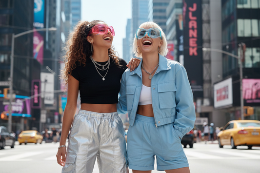 Steampunk Oversized Sunglasses - women's shield sunglasses with pink and blue lenses shown on two people