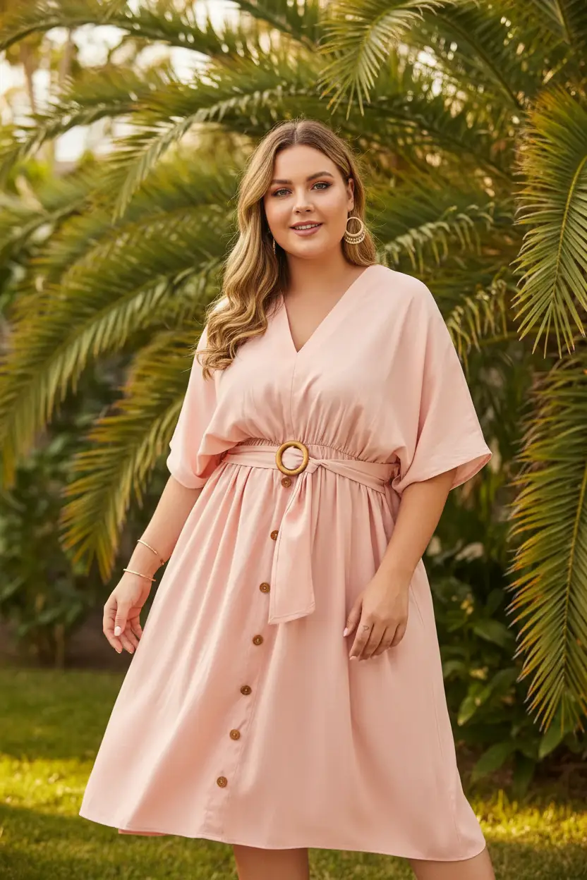 Women's plus-size pink V-neck batwing sleeve midi dress belted with circular buckle and button-front