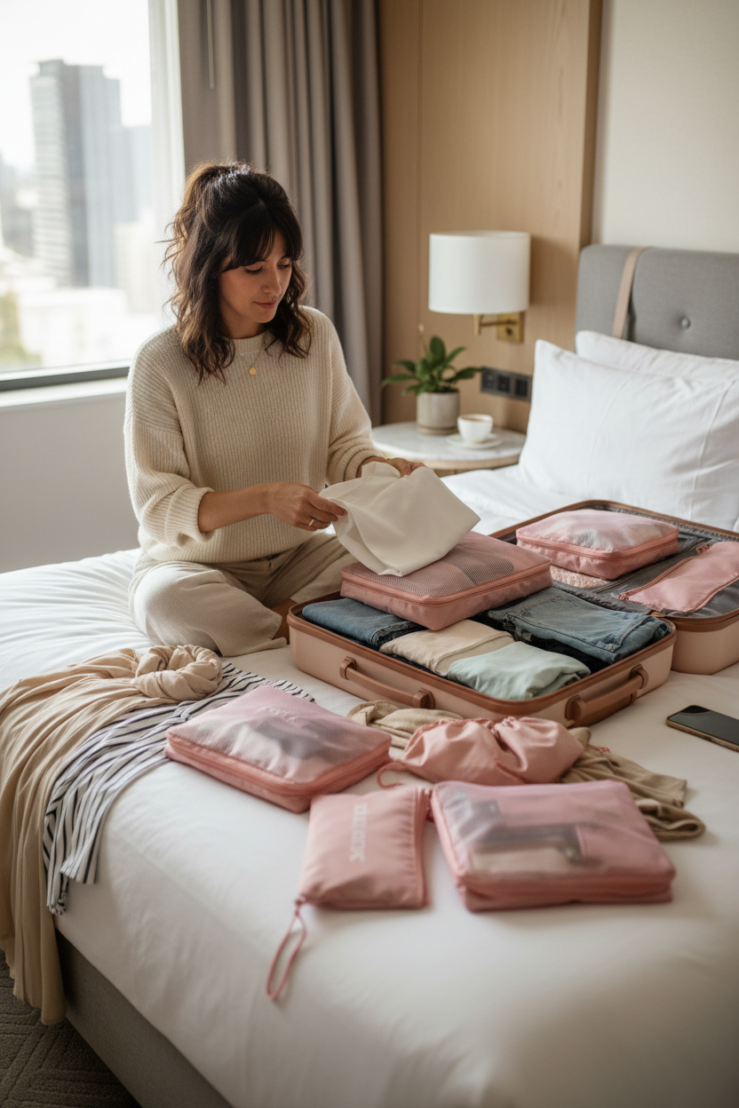 7-piece pink travel packing cubes set with shoe bag for clothes storage on a hotel bed; woman packing
