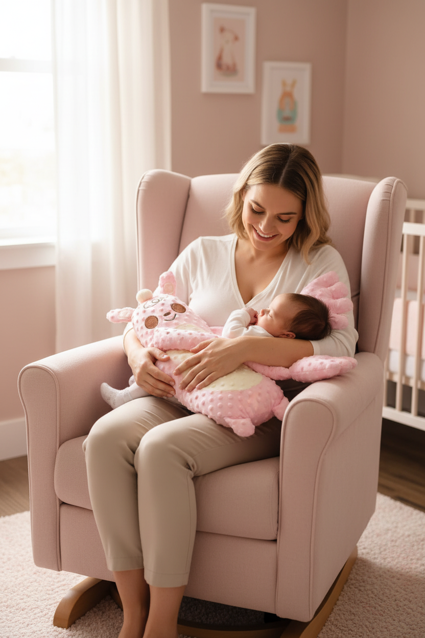 Baby Anti-Startle Hugging Pillow pink plush sleep soother for newborns, held by a mother in a pink chair.