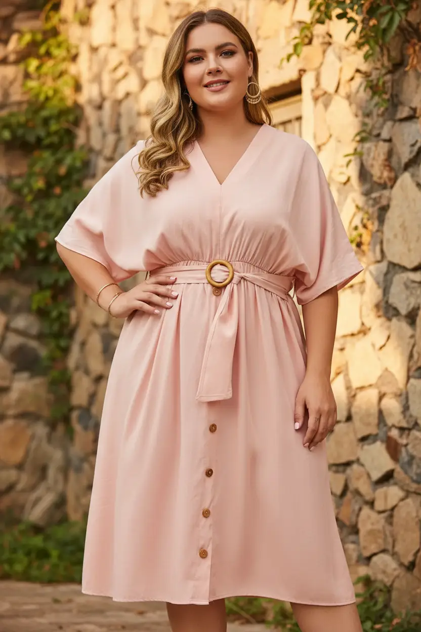 Women's plus-size V-neck batwing sleeve midi dress with belt, pink, button-front