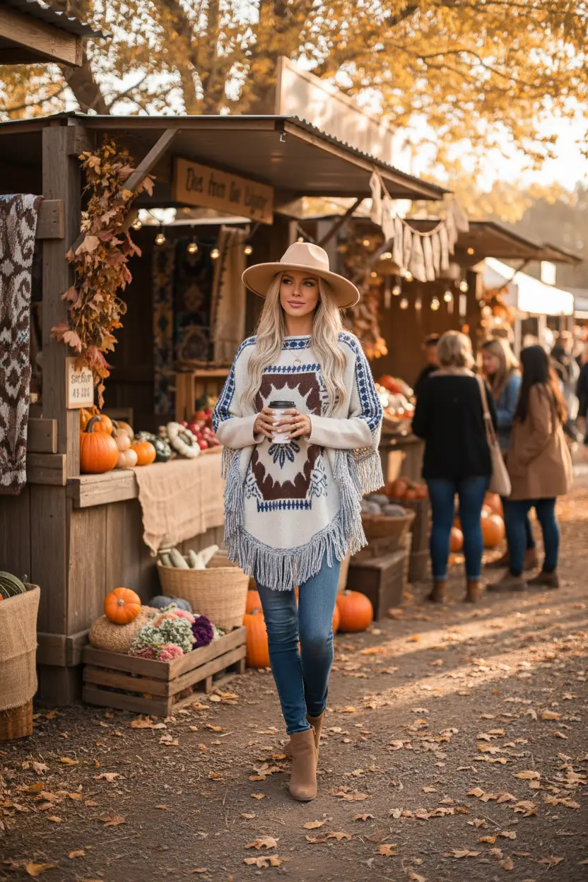 Women's Fringe Geometric Poncho – Long Sleeve Boho Layering Cape by Oz-Direct.com