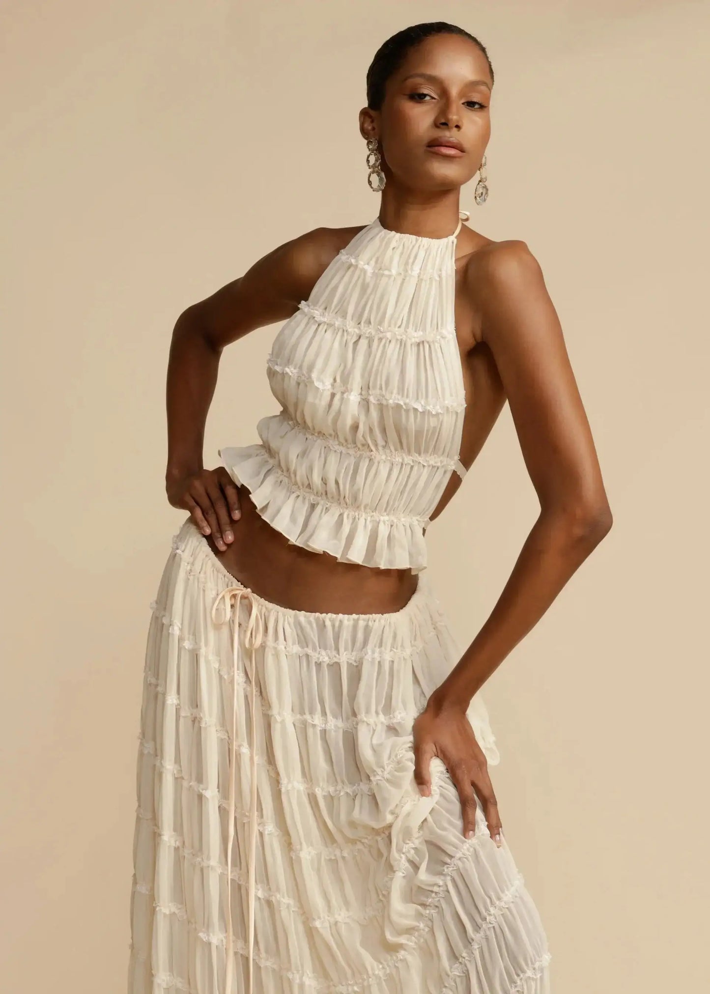 Summer Backless Ruched White Dress Set