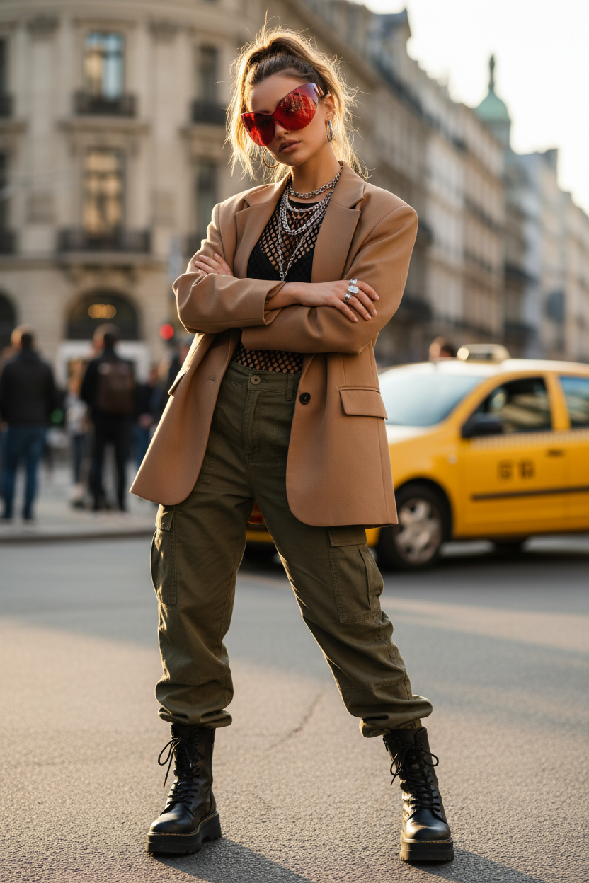 New steampunk oversized sunglasses in red on a woman in a camel blazer and olive cargo pants on a city street.
