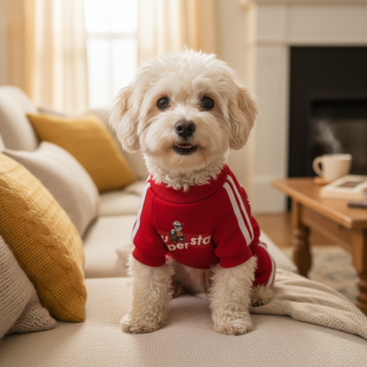 Teddy dog sweater in red knit for small to large dogs with white striped sleeves