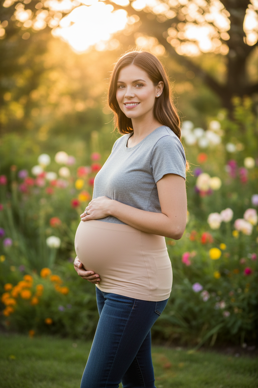 Seamless Maternity Belly Band beige belly support belt worn by a pregnant woman outdoors.