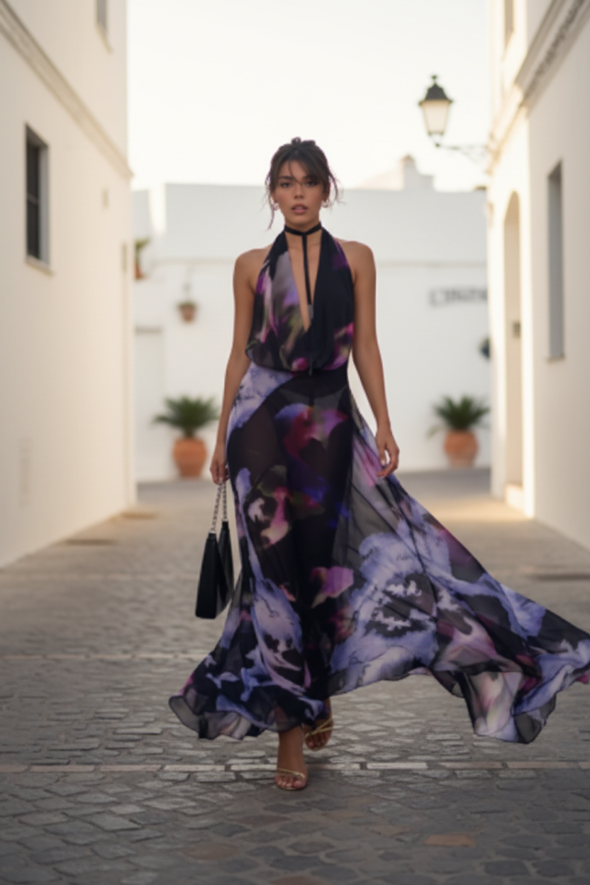Women's Abstract Print Halter Neck Backless Maxi Dress by Oz-Direct.com