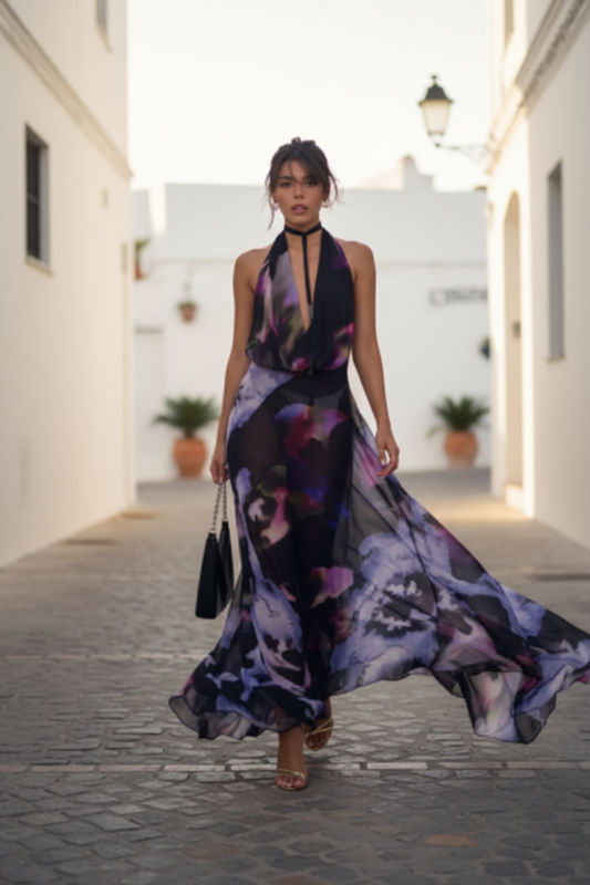 Women's Abstract Print Halter Neck Backless Maxi Dress in black and purple, flowing fabric worn by a model on a street.