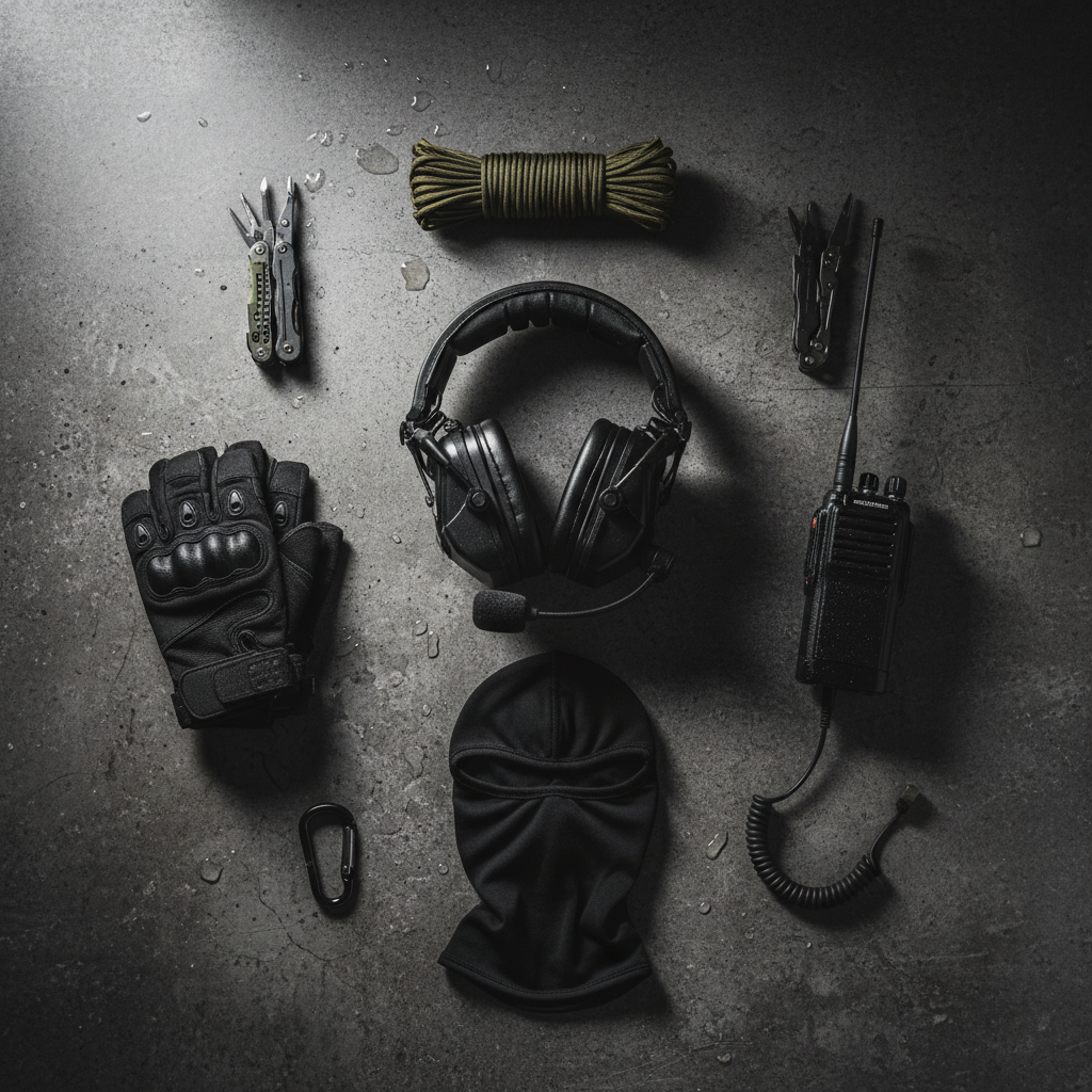 Tactical Mobile Phone Headset with microphone, black, shown with gloves, balaclava, radio and paracord
