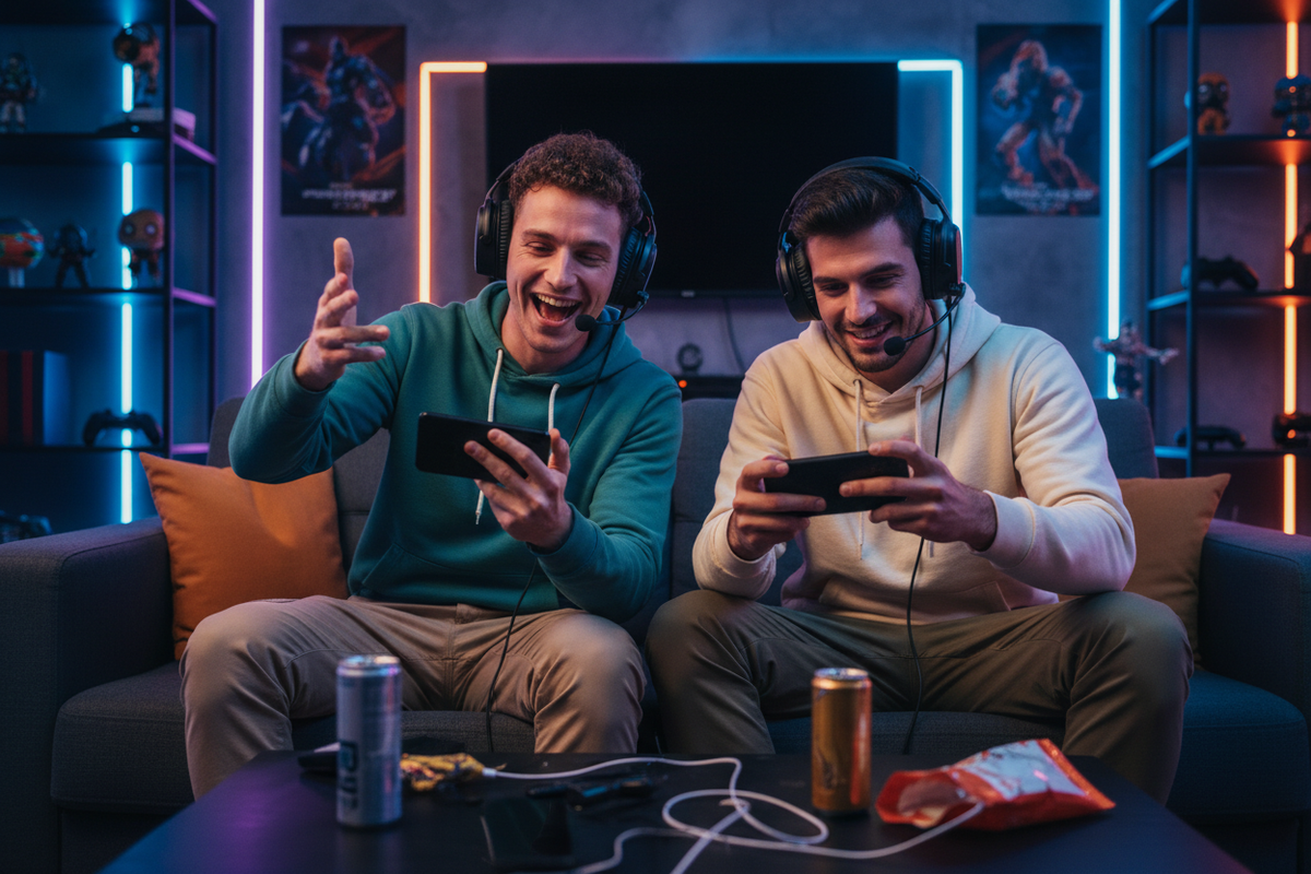 Tactical Mobile Phone Headset by Oz-Direct.com on two gamers wearing over-ear headsets