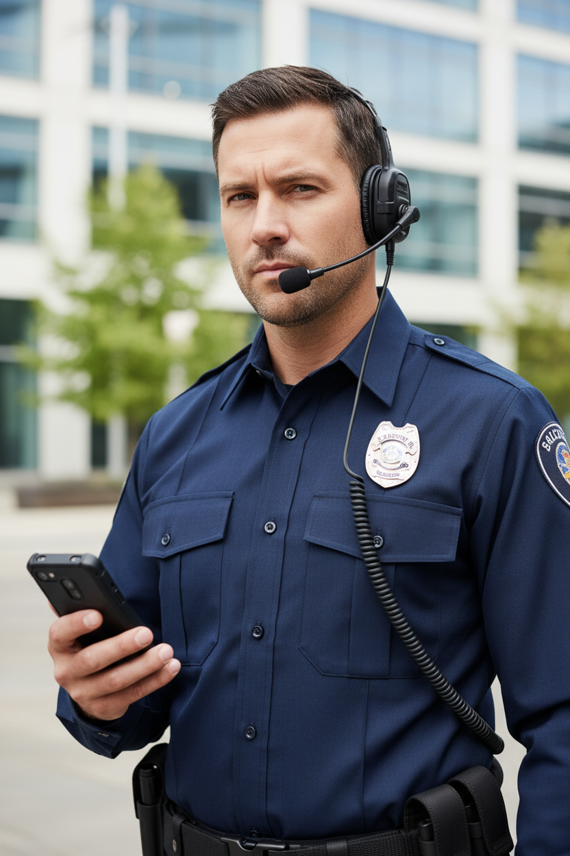 Tactical Mobile Phone Headset by Oz-Direct.com; black over-ear headset with boom mic worn by a security officer in a navy uniform.