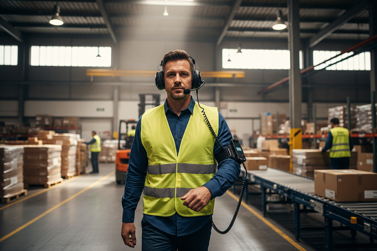Tactical Mobile Phone Headset, black earpiece with mic worn by warehouse worker