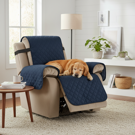 Waterproof quilted recliner chair cover in navy blue with anti-slip straps for pets and kids