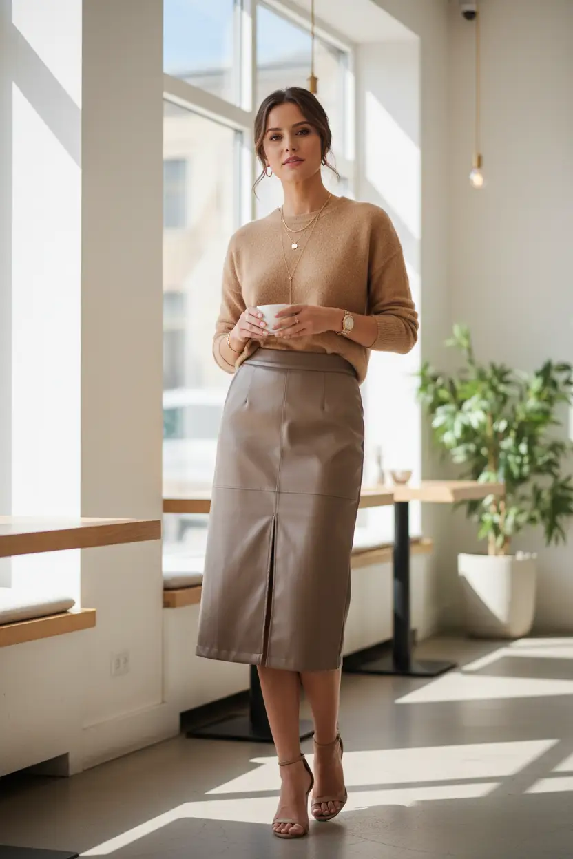 Women's Faux Leather Slit Midi Skirt with Pockets in Taupe
