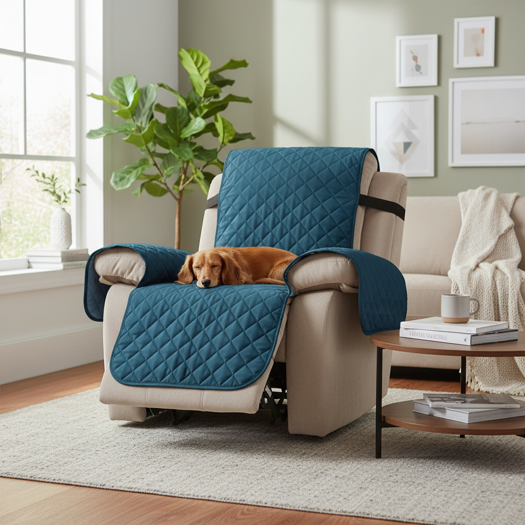 Waterproof teal quilted recliner cover for living room; dog resting on the cushioned seat.