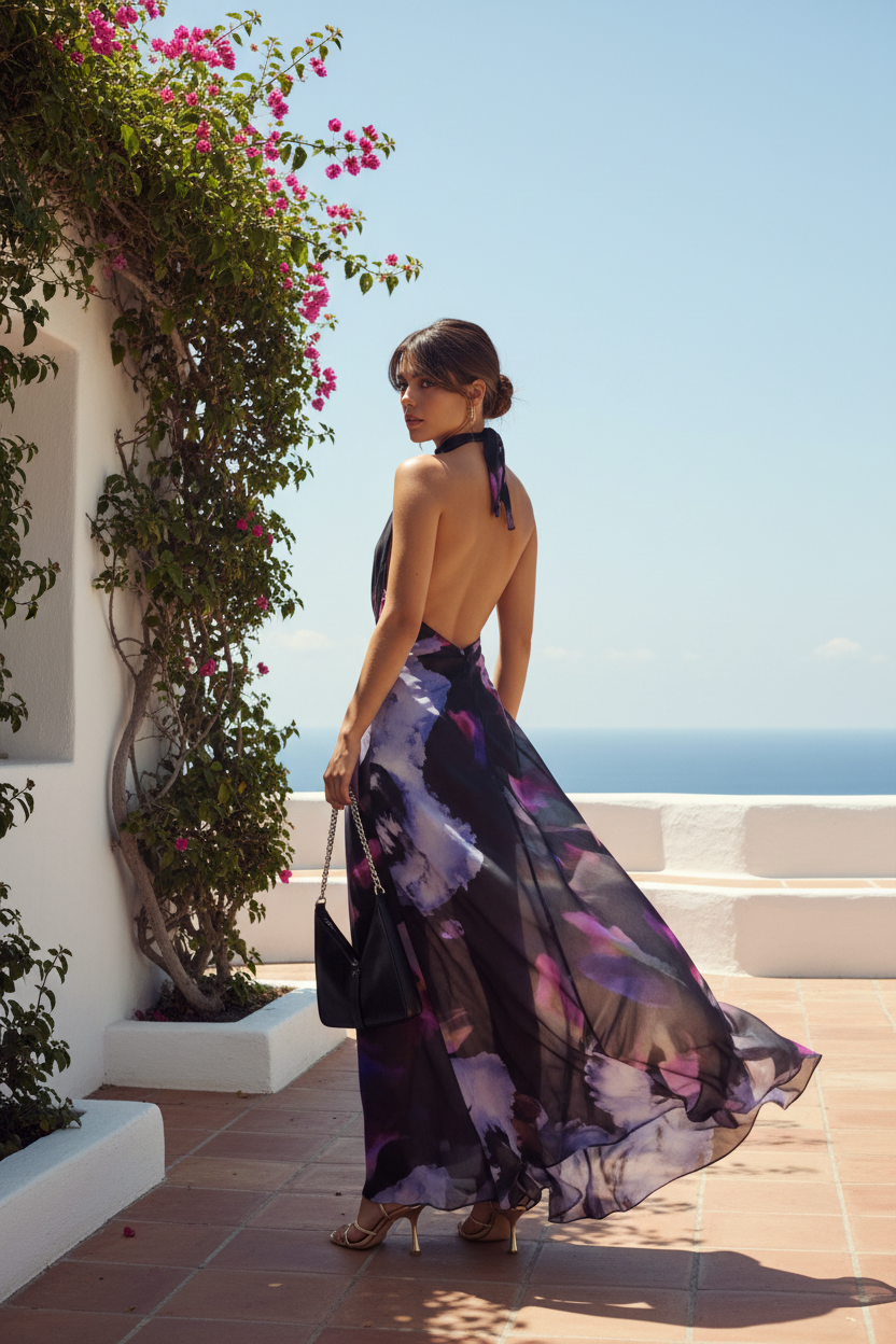 Women's Abstract Print Halter Neck Backless Maxi Dress by Oz-Direct.com