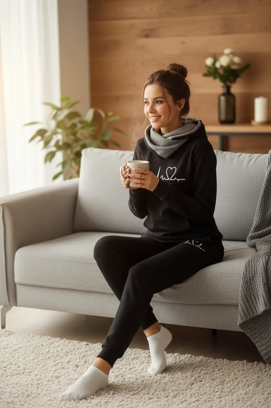 Women's Winter Tracksuit Set hoodie and pants in black, worn by a woman on a sofa in a cozy living room
