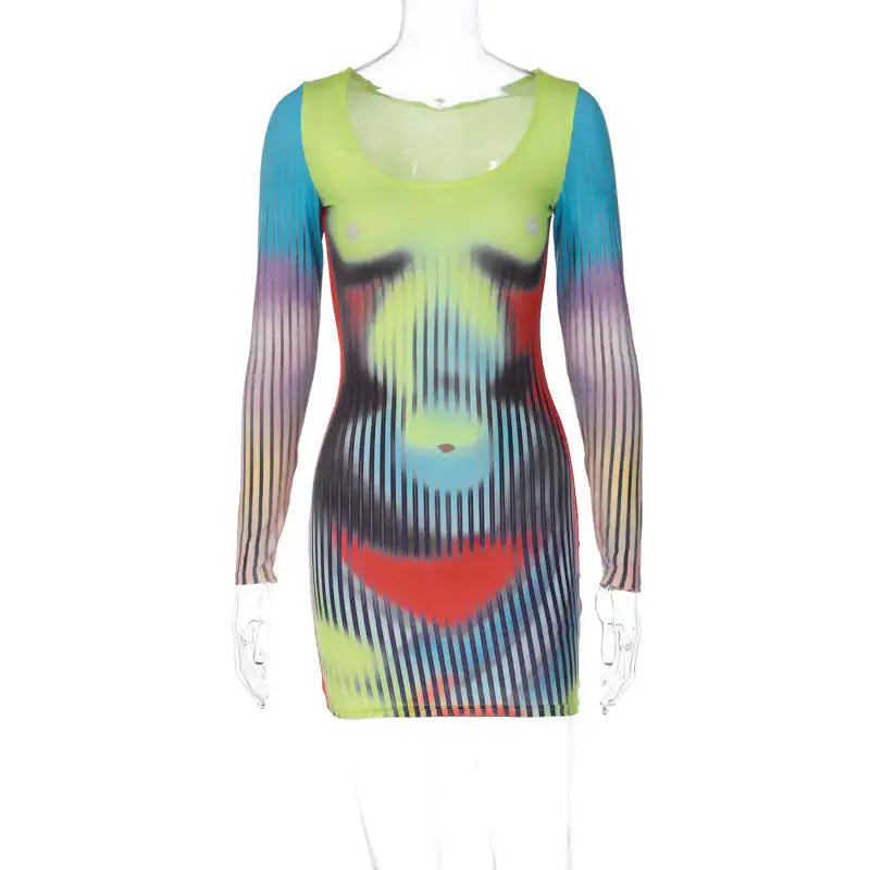 Printed Long Sleeve Bodycon Mini Dress by Oz-Direct.com