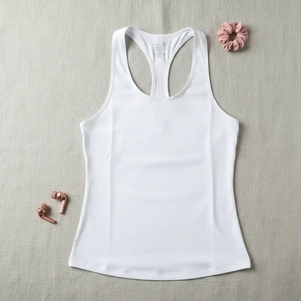 eprolo white women's yoga top sleeveless gym vest; flat lay with pink scrunchie and wireless earbuds