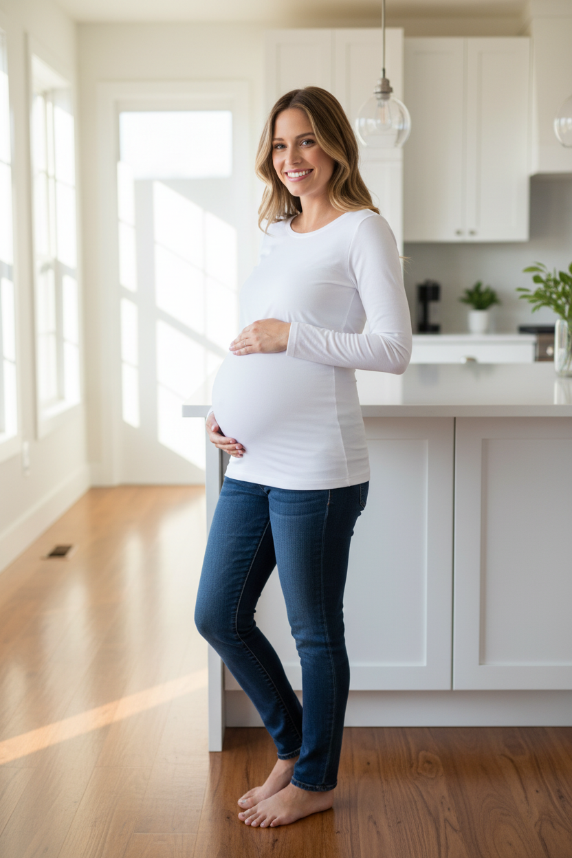 Seamless Maternity Belly Band worn by a pregnant woman in a white long-sleeve top and blue jeans in a bright kitchen.
