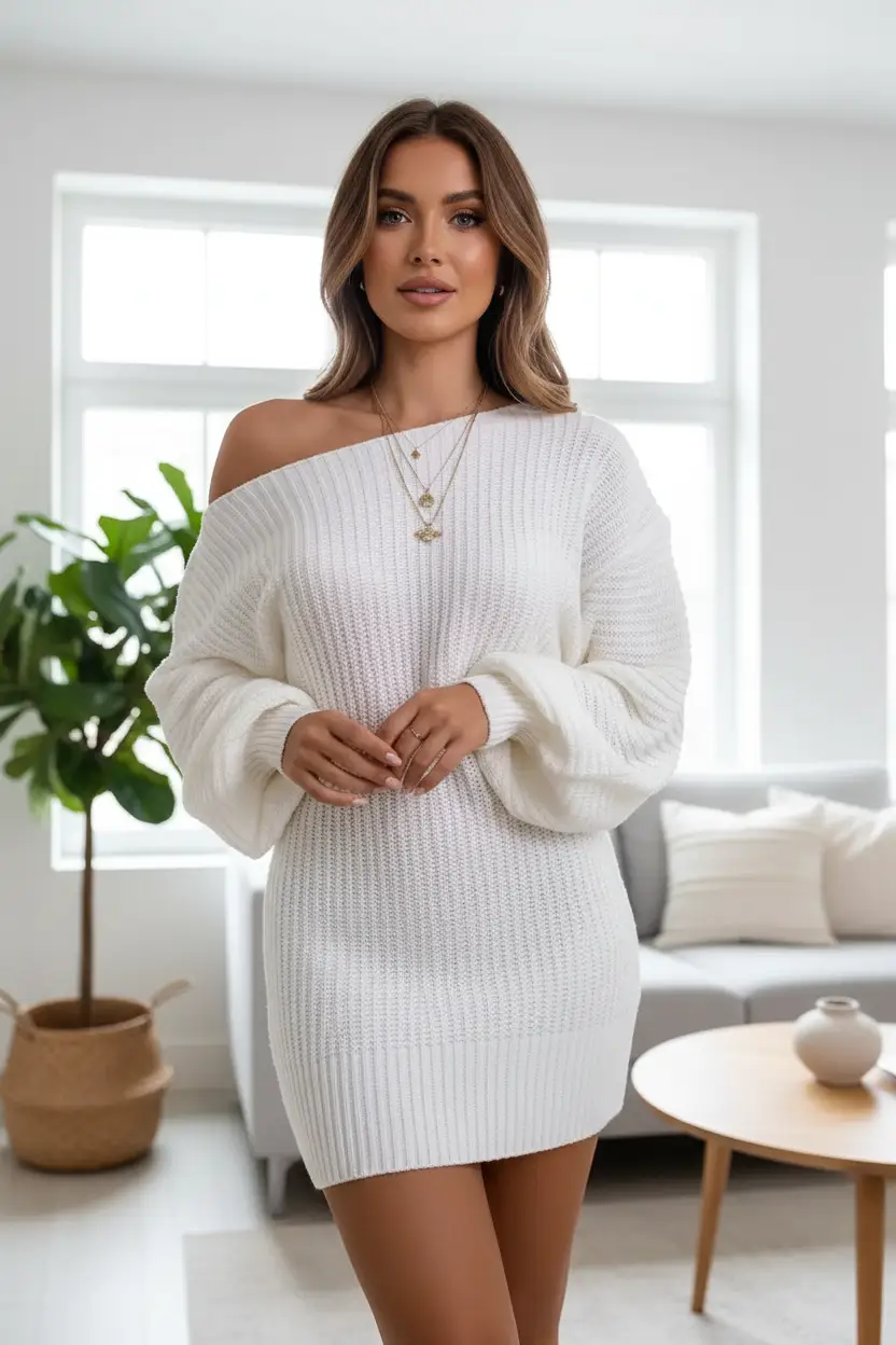 Off-Shoulder Women's Knitted Sweater Dress by Oz-Direct.com