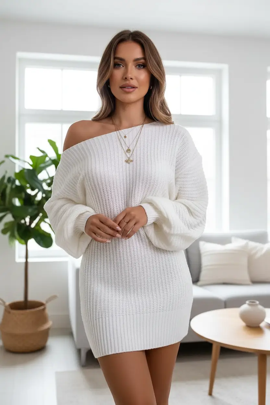Off-Shoulder Women's Knitted Sweater Dress in white with oversized puff sleeves