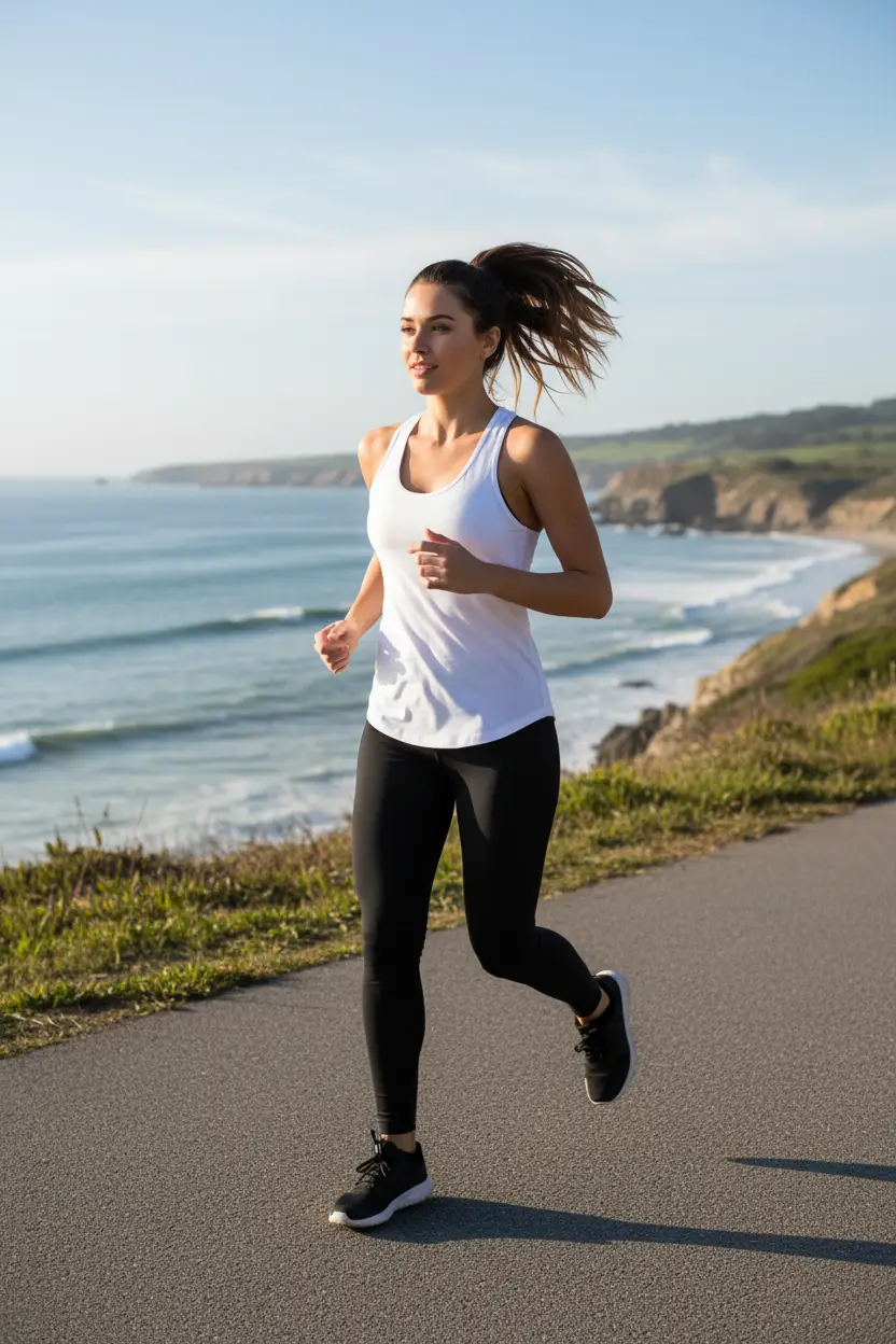 Women's sleeveless yoga tank top, white; activewear, worn by a jogger along a coastal path