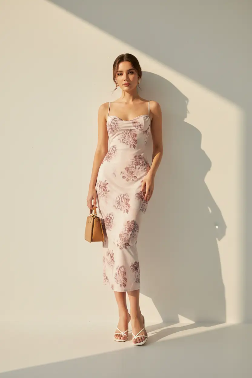 Women's Floral Print Spaghetti Strap Midi Dress by Oz-Direct.com, blush-pink with purple floral pattern.