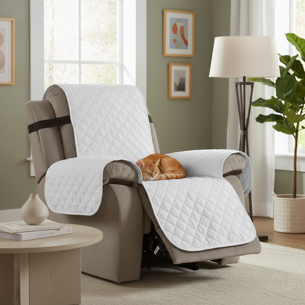 Waterproof recliner slipcover by Oz-Direct.com, white quilted pet furniture protector with snap-fixed arm covers