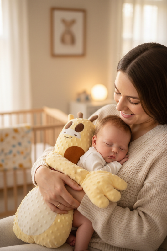 Baby anti-startle hugging pillow by Oz-Direct.com, soft yellow plush sleep soother with giraffe design