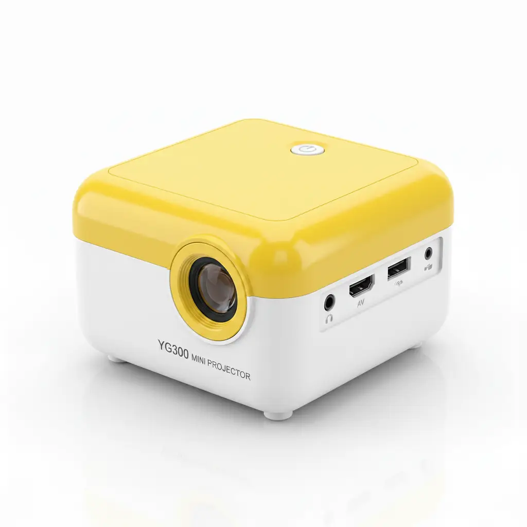 Mini projector YG300 in yellow and white with front lens and side ports