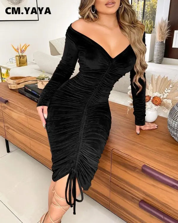 Velvet Drawstring Off Shoulder Midi Dress