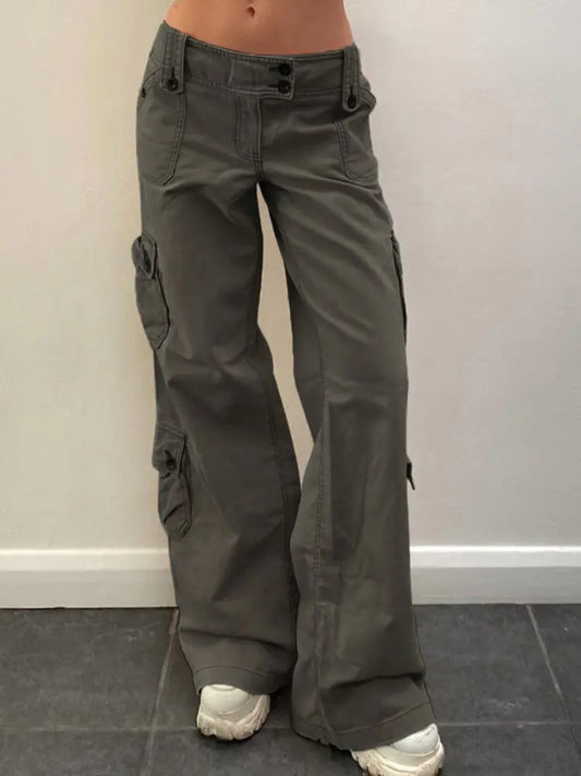 Button Low Waist Women's Cargo and Denim Pants