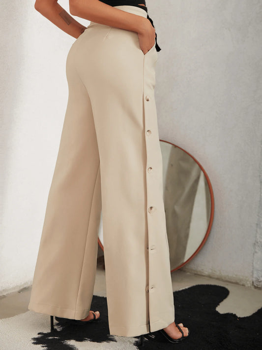 Side Button Pleated Wide Leg Pants