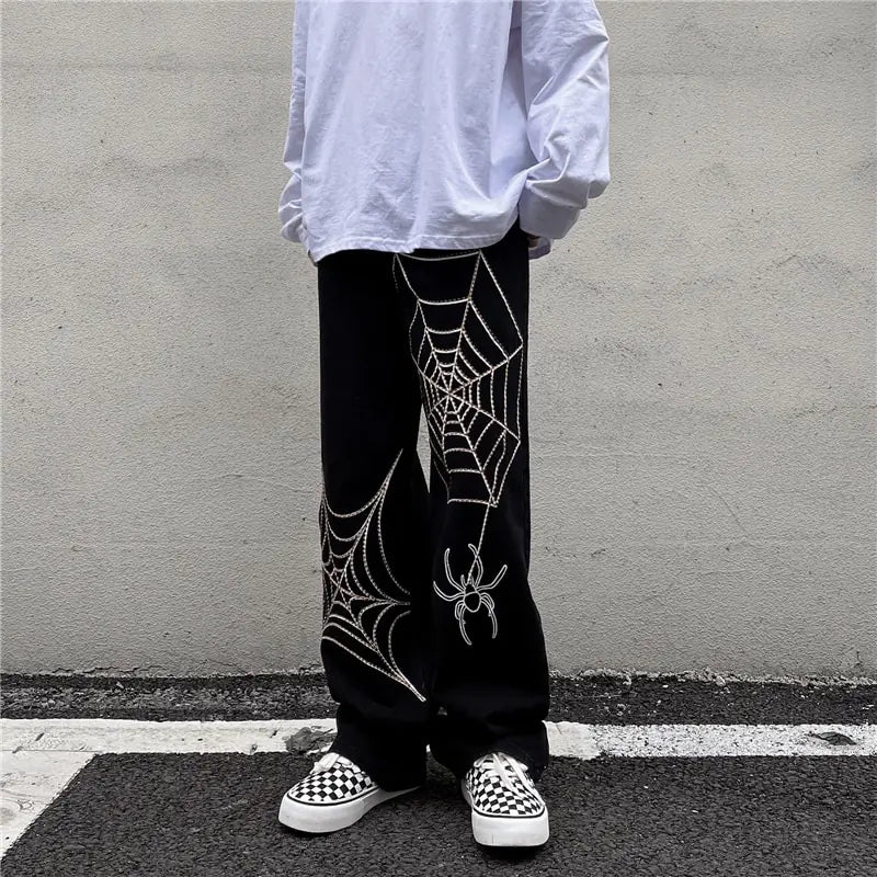 Men's Black Streetwear Spider Web Pants