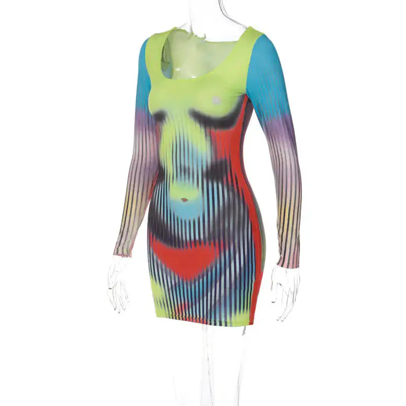Printed Long Sleeve Bodycon Mini Dress by Oz-Direct.com